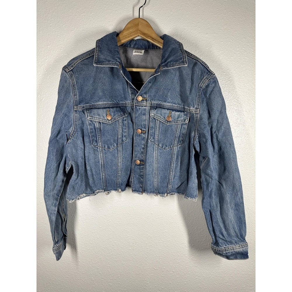 PINK‎ Victoria's Secret Denim Jacket Juniors Small Blue Cropped Raw Hem Frayed